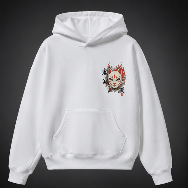 White hoodie with Demon Slayer Kitsune Mask Slayer graphic – photo 2