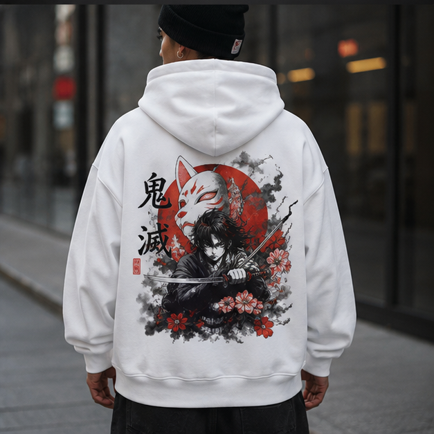 White hoodie with Demon Slayer Kitsune Mask Slayer graphic – photo 3