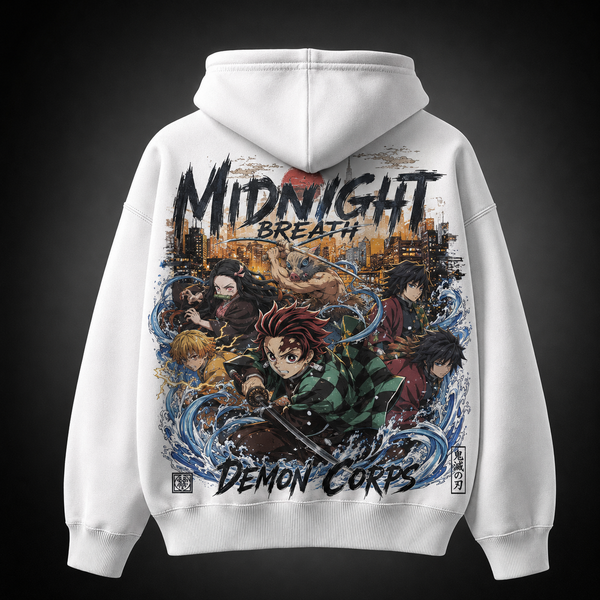 White hoodie with Demon Slayer Midnight Breath graphic – photo 1