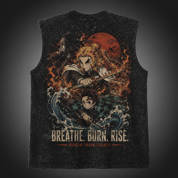 Washed black tank top with Demon Slayer Mugen Train Legacy graphic – photo 1