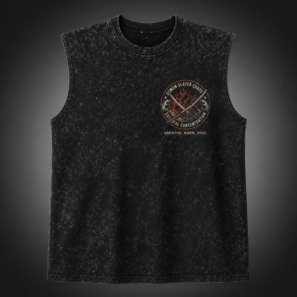 Washed black tank top with Demon Slayer Mugen Train Legacy graphic – photo 2