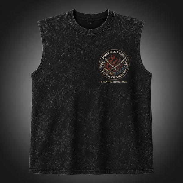 Washed black tank top with Demon Slayer Mugen Train Legacy graphic – photo 2