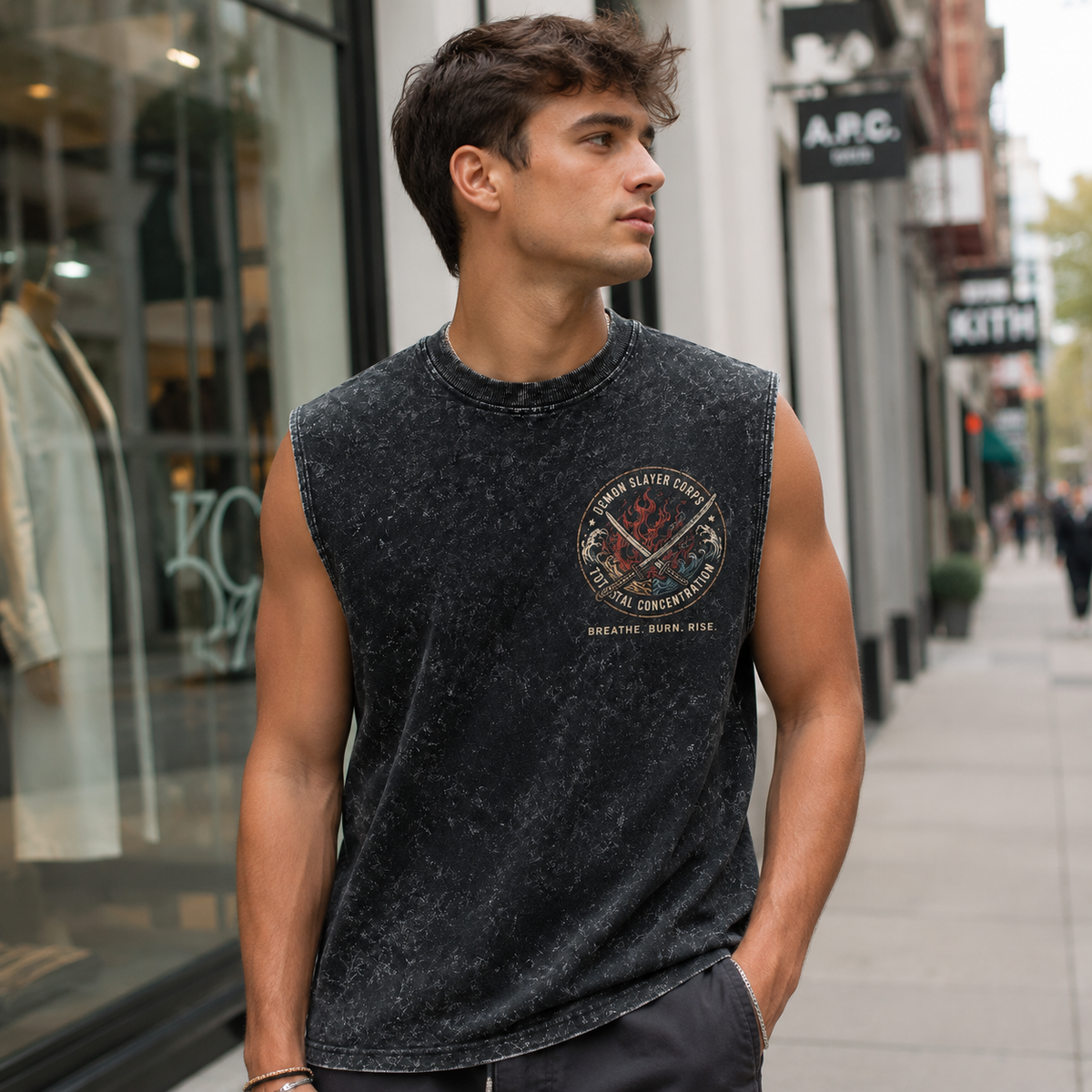 Washed black tank top with Demon Slayer Mugen Train Legacy graphic – photo 4