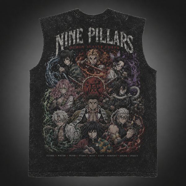 Washed black tank top with Demon Slayer Nine Pillars Assembly graphic – photo 1