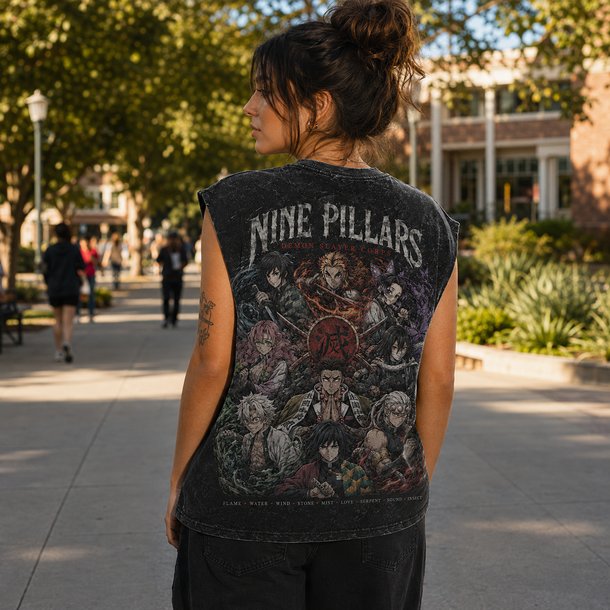 Washed black tank top with Demon Slayer Nine Pillars Assembly graphic – photo 3