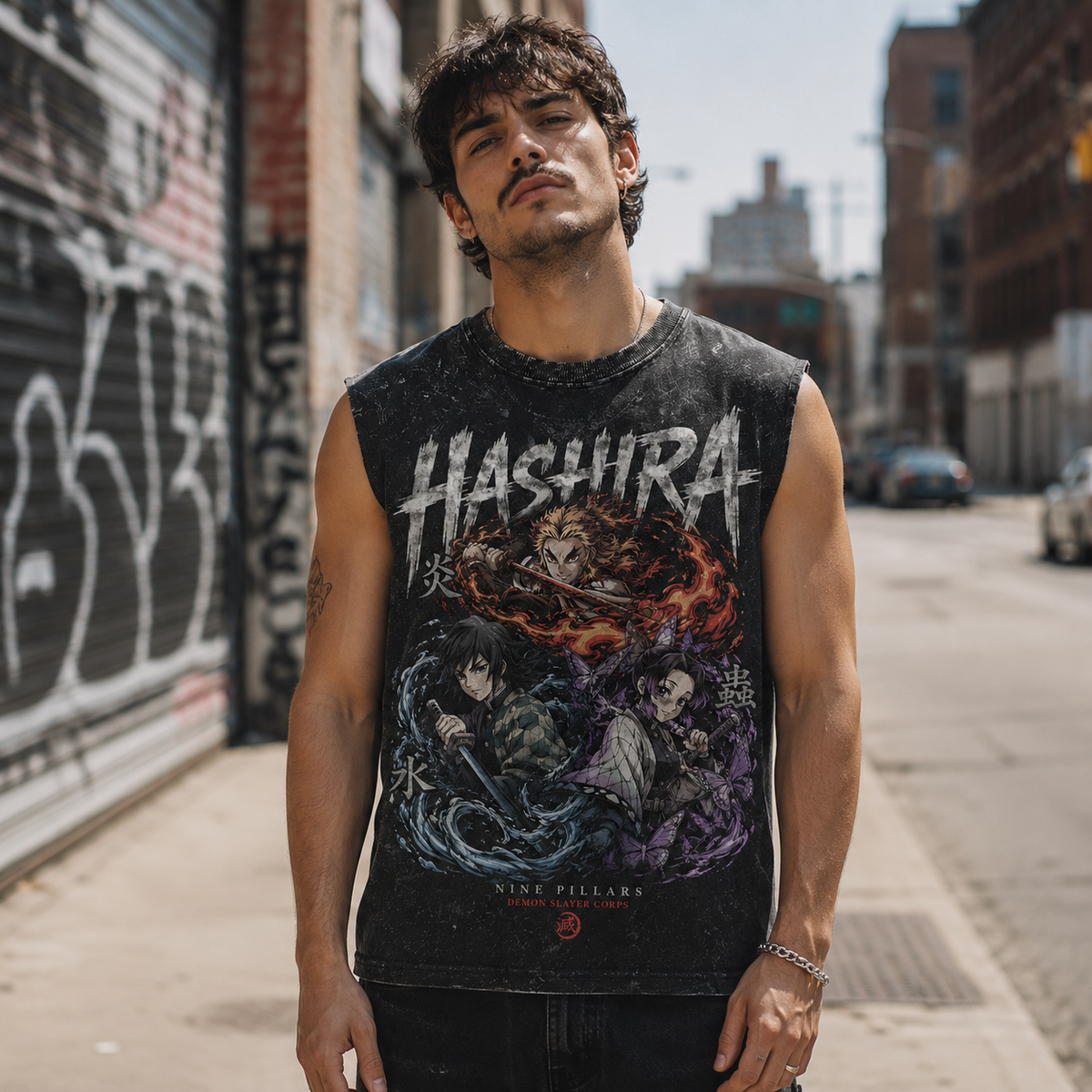 Washed black tank top with Demon Slayer Nine Pillars Assembly graphic – photo 4