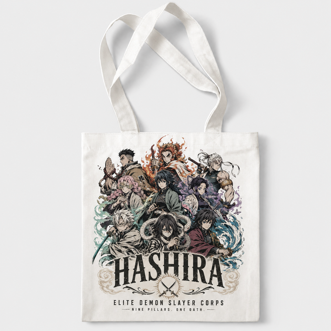 White tote bag with Demon Slayer Nine Pillars Gathering graphic – photo 1