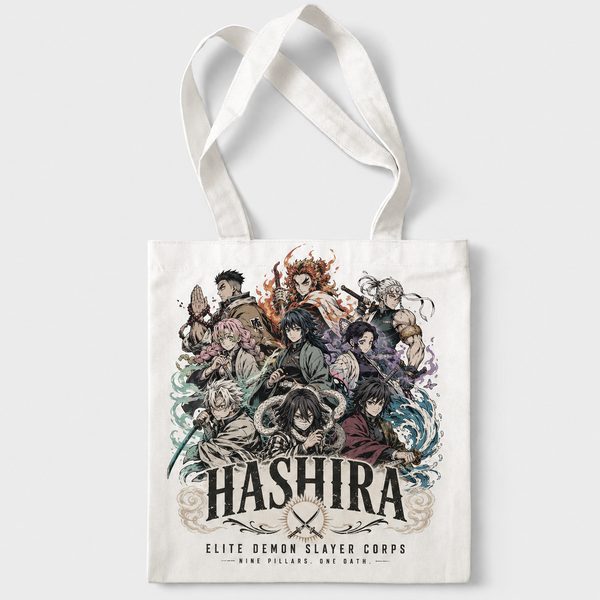 White tote bag with Demon Slayer Nine Pillars Gathering graphic – photo 1