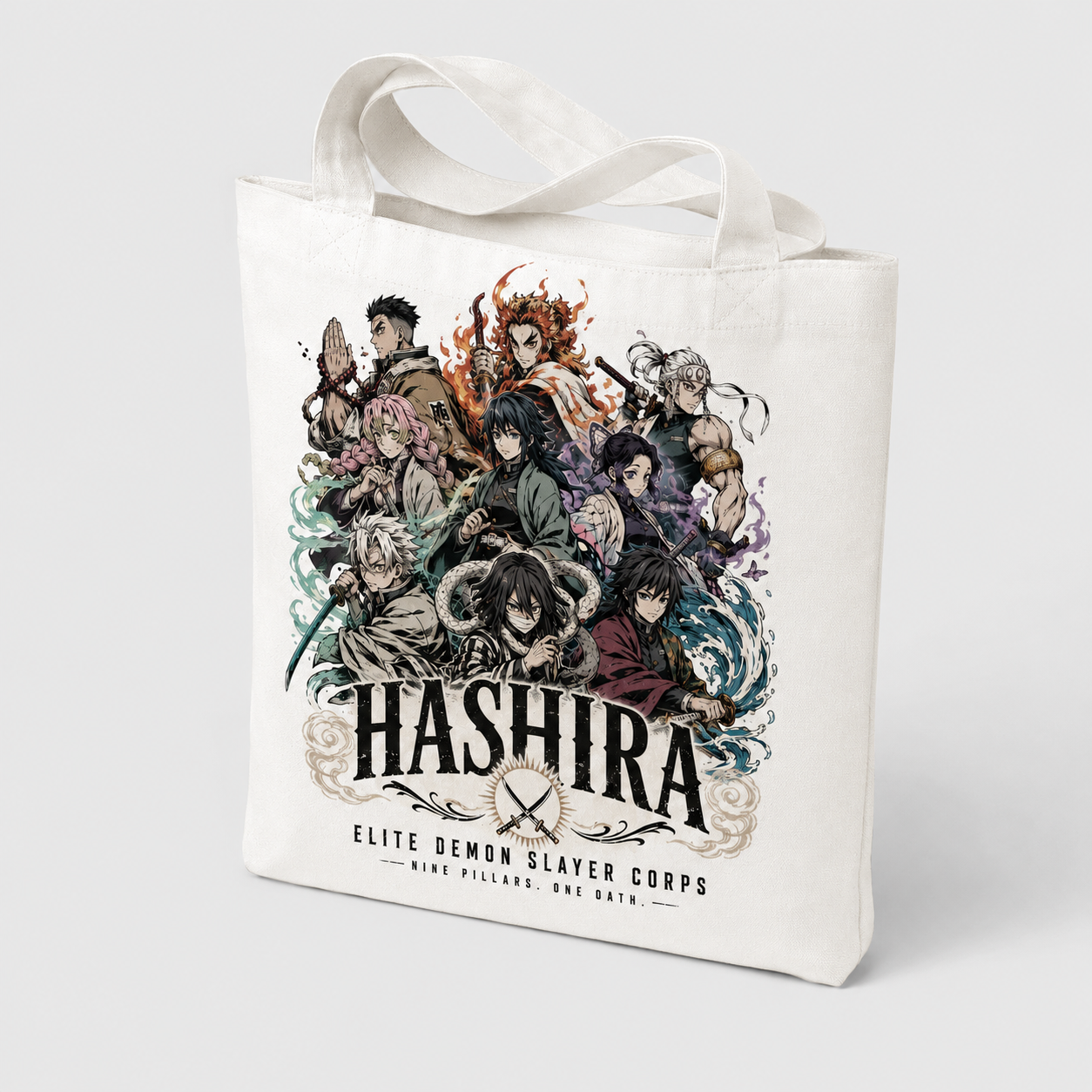 White tote bag with Demon Slayer Nine Pillars Gathering graphic – photo 2