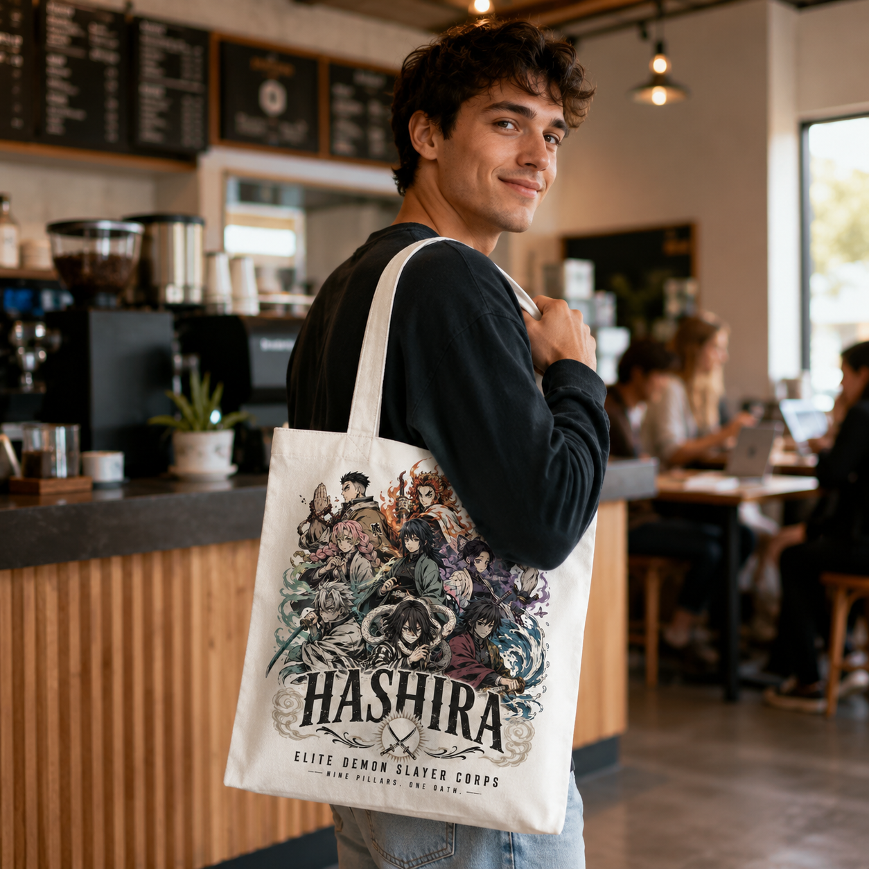 White tote bag with Demon Slayer Nine Pillars Gathering graphic – photo 4
