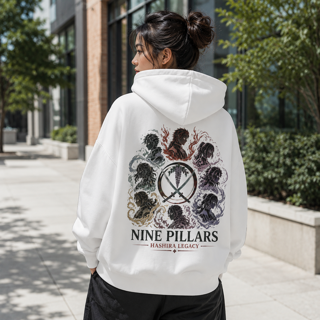 White hoodie with Demon Slayer Nine Pillars graphic – photo 3