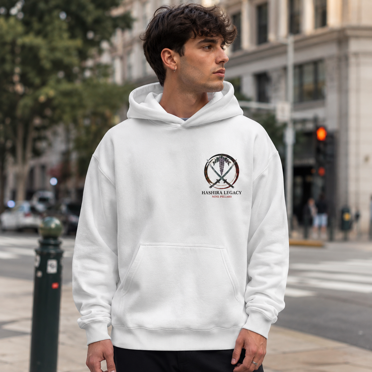 White hoodie with Demon Slayer Nine Pillars graphic – photo 4