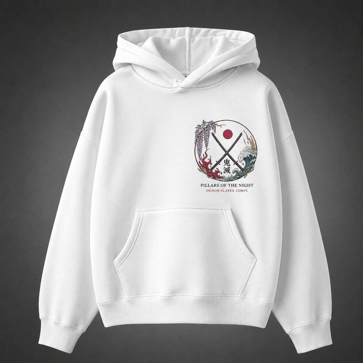 White hoodie with Demon Slayer Pillars Of Night graphic – photo 2