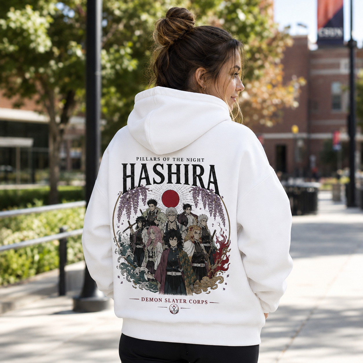 White hoodie with Demon Slayer Pillars Of Night graphic – photo 3