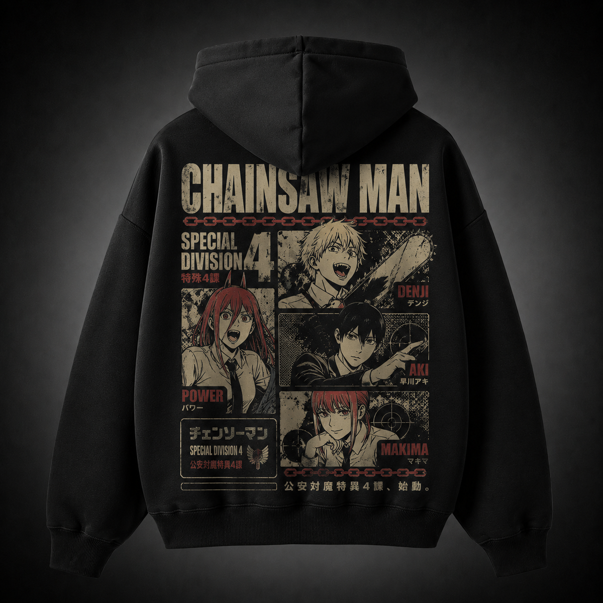 Black hoodie with Denji, Aki Hayakawa, Makima, Power Chainsaw Man Vintage Roster Grid graphic – photo 1