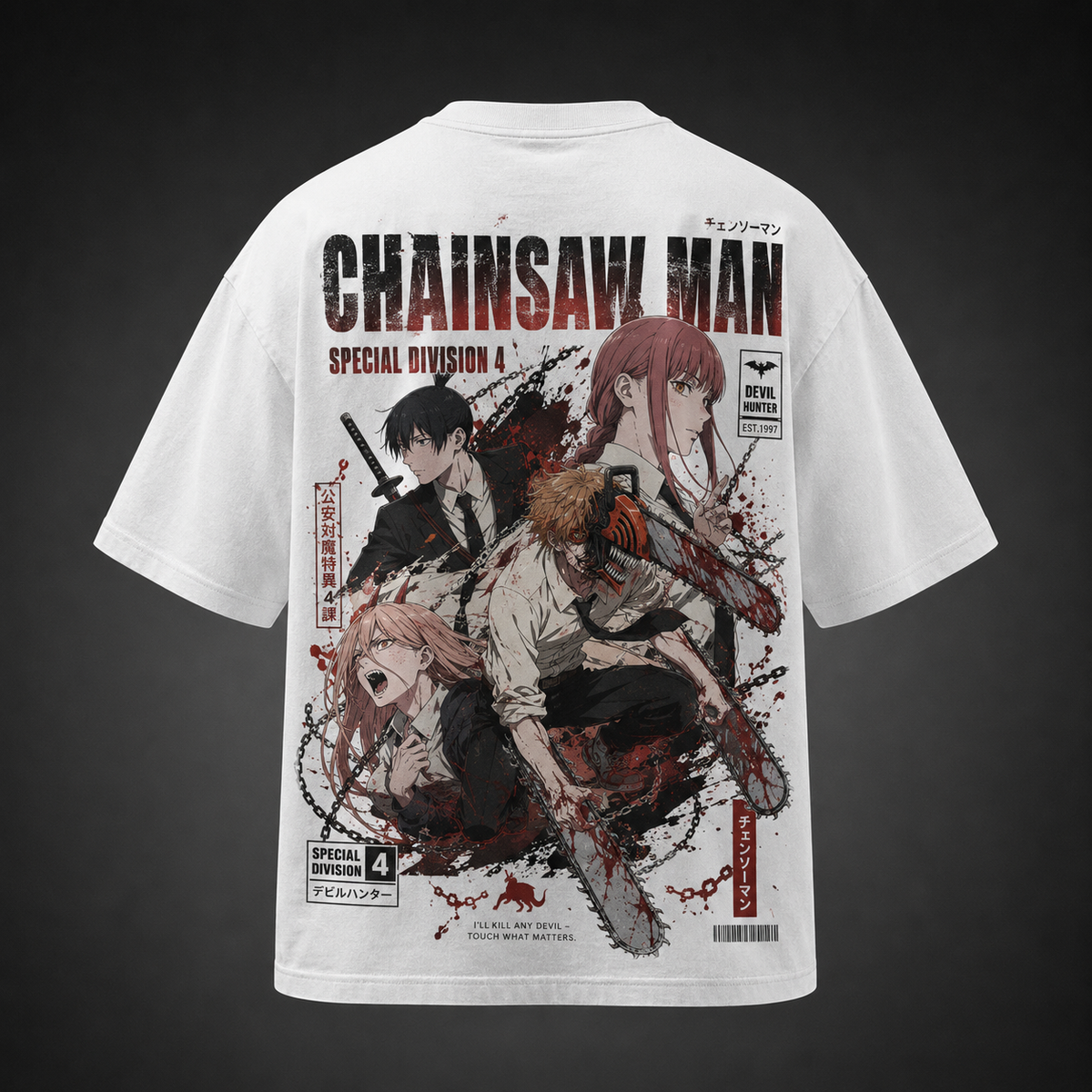 White t-shirt with Denji, Aki, Power & Makima Chainsaw Man Devil Hunter Cover graphic – photo 1