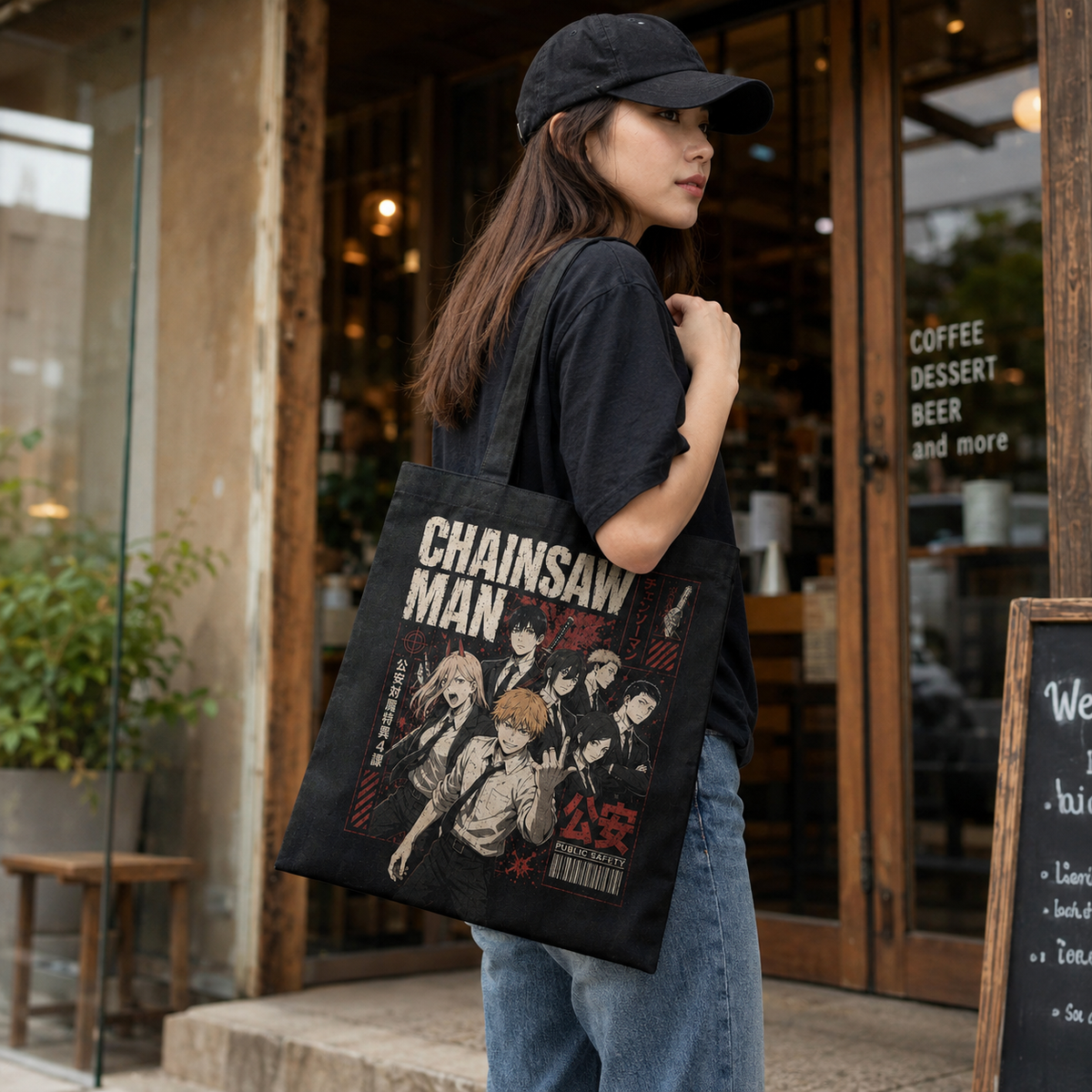 Black tote bag with Denji, Power, Aki Hayakawa, Himeno, Kobeni, Hirokazu Arai (Chainsaw Man) Squad Assemble graphic – photo 4