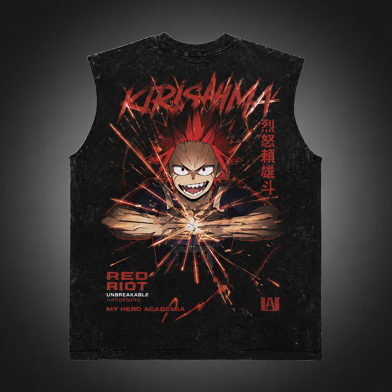 Washed black tank top with Eijiro Kirishima My Hero Academia Red Riot Unbreakable graphic – photo 1