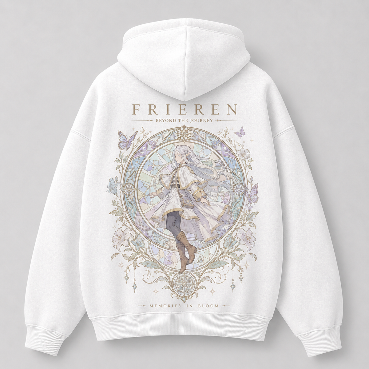 White hoodie with Frieren Memories In Bloom graphic – photo 1