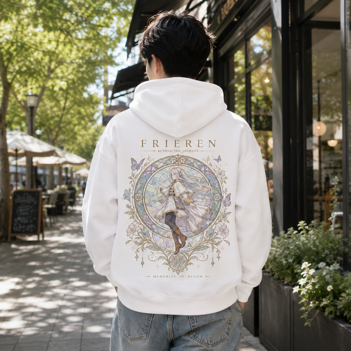 White hoodie with Frieren Memories In Bloom graphic – photo 3
