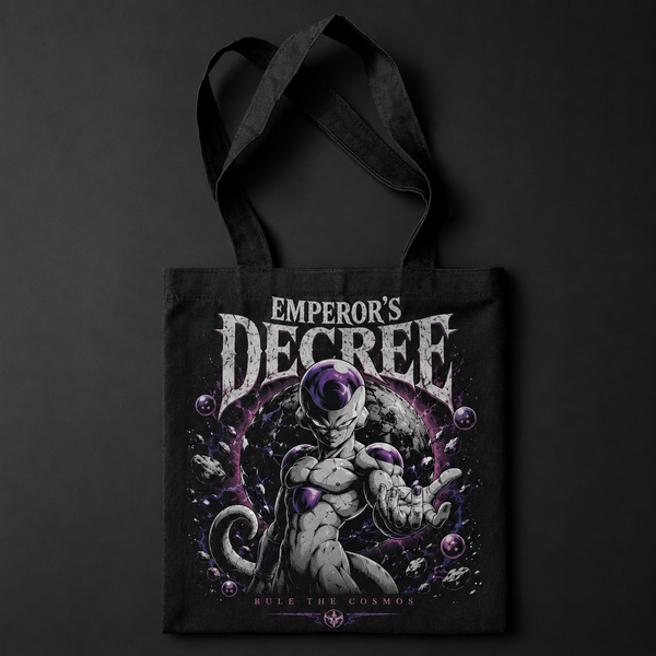 Black tote bag with Frieza Dragon Ball Emperor's Decree graphic – photo 1
