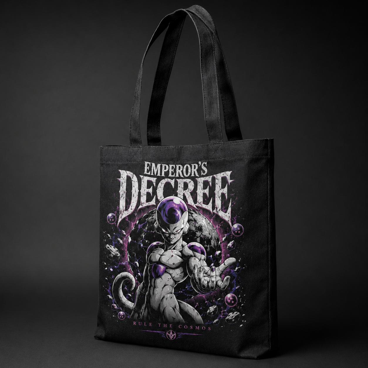 Black tote bag with Frieza Dragon Ball Emperor's Decree graphic – photo 2