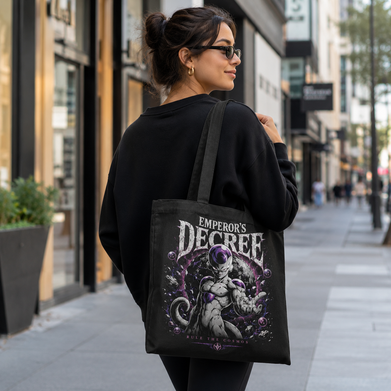 Black tote bag with Frieza Dragon Ball Emperor's Decree graphic – photo 3