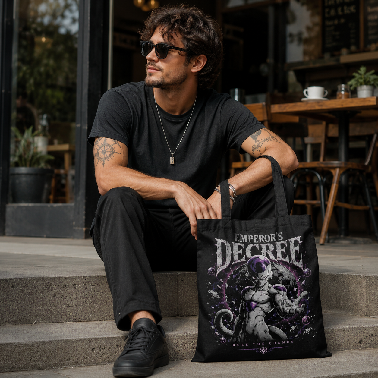 Black tote bag with Frieza Dragon Ball Emperor's Decree graphic – photo 4