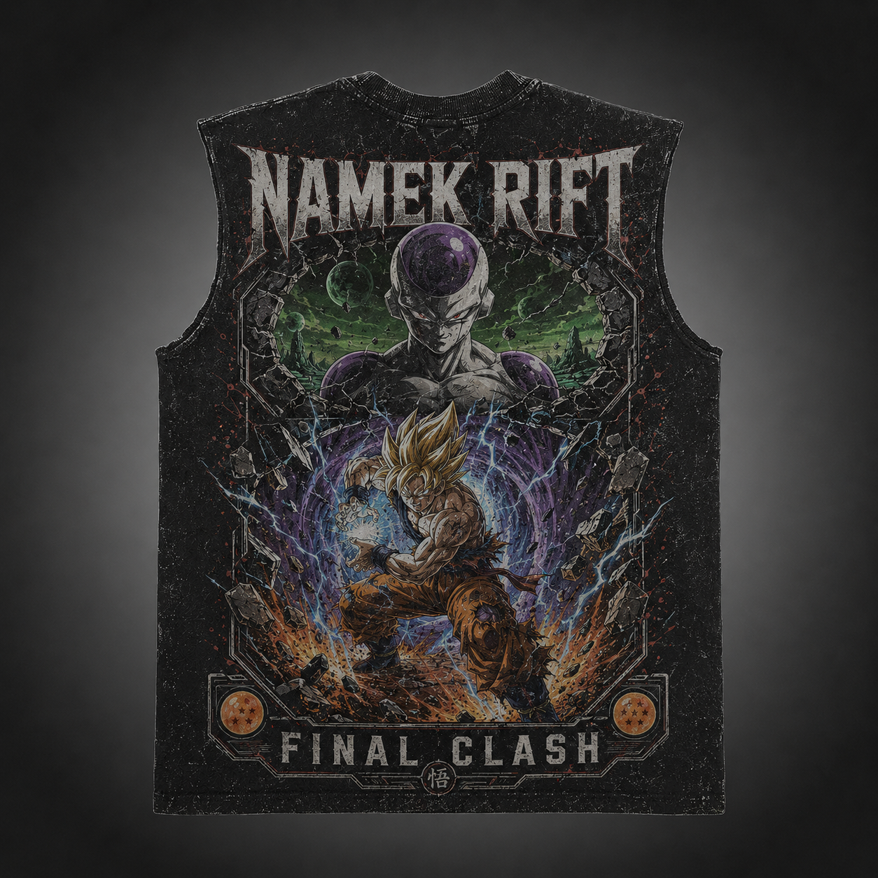 Washed black tank top with Frieza & Goku Dragon Ball Namek Rift graphic – photo 1