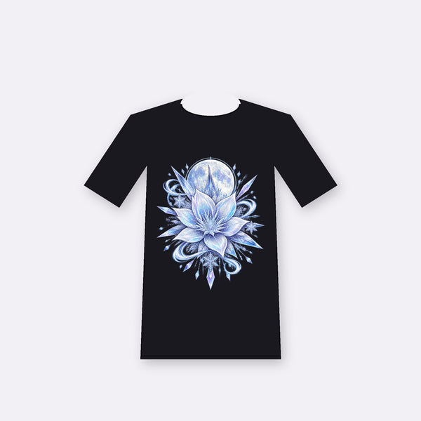Frost Bloom original anime-inspired graphic on a black oversize tee