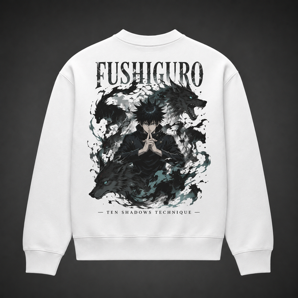 White sweatshirt with Fushiguro Megumi Jujutsu Kaisen Ten Shadows Technique graphic – photo 1
