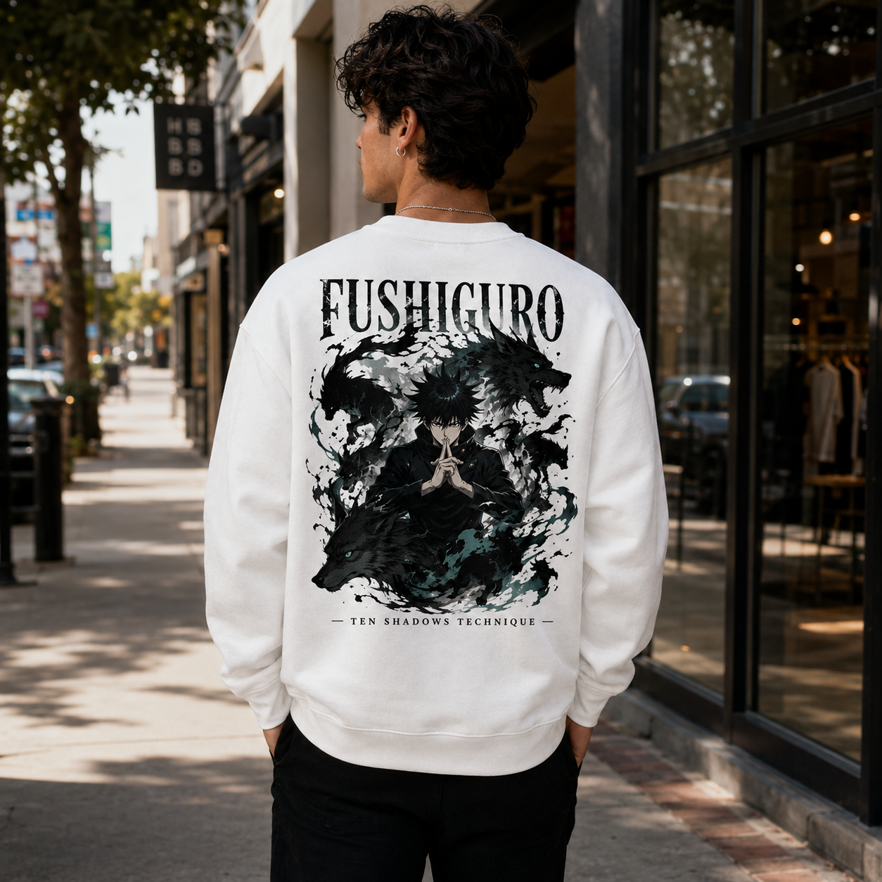White sweatshirt with Fushiguro Megumi Jujutsu Kaisen Ten Shadows Technique graphic – photo 3