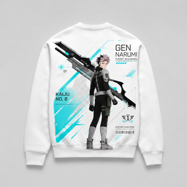 White sweatshirt with Gen Narumi Kaiju No. 8 Narumi First Division graphic – photo 1