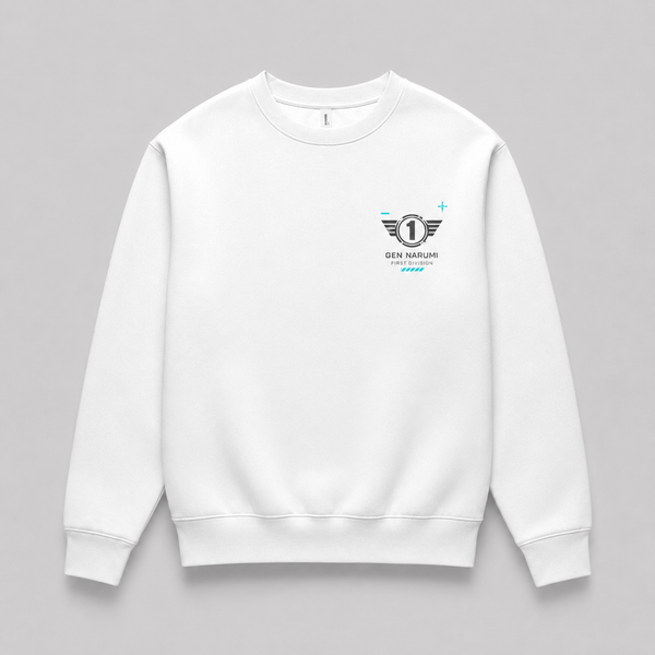 White sweatshirt with Gen Narumi Kaiju No. 8 Narumi First Division graphic – photo 2