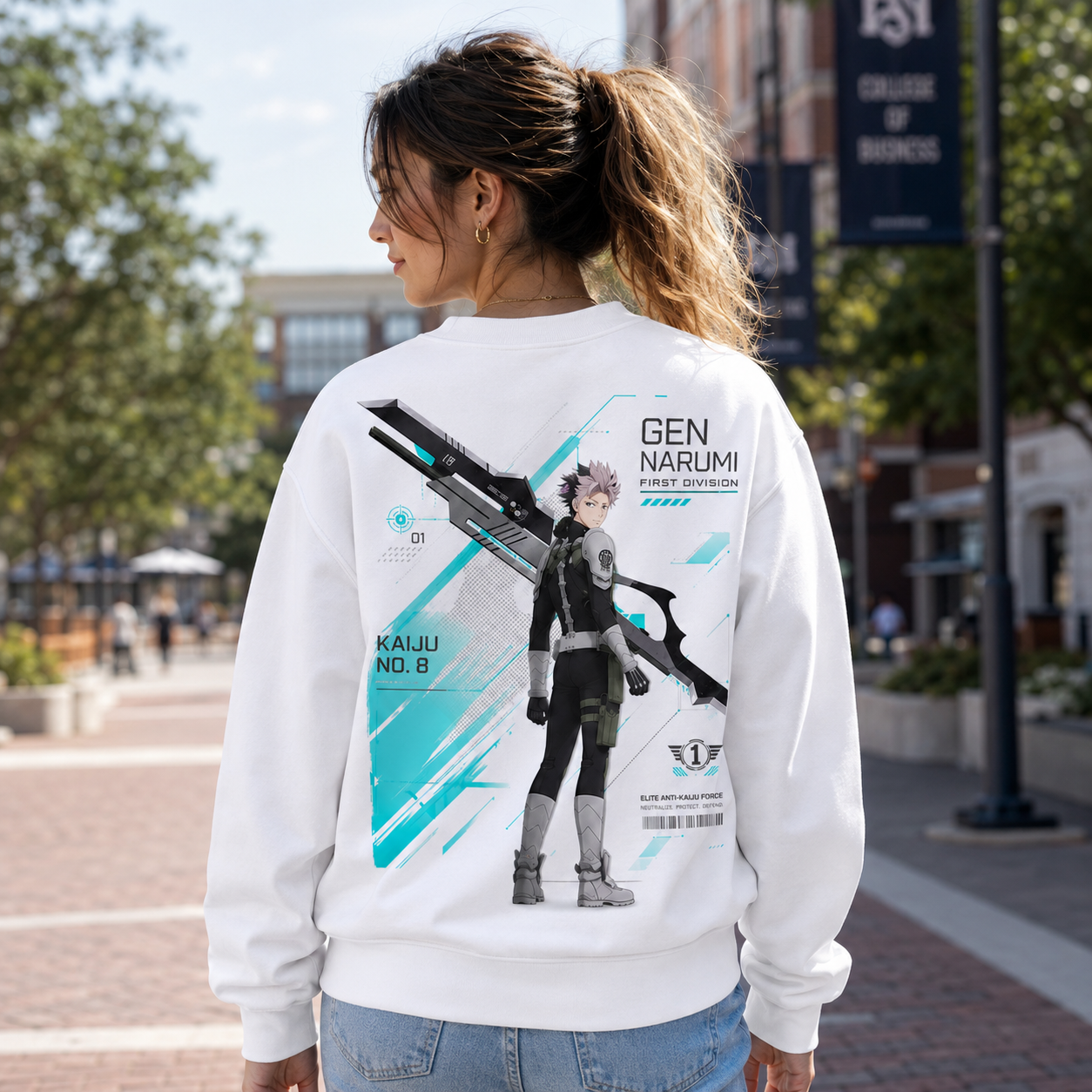 White sweatshirt with Gen Narumi Kaiju No. 8 Narumi First Division graphic – photo 3
