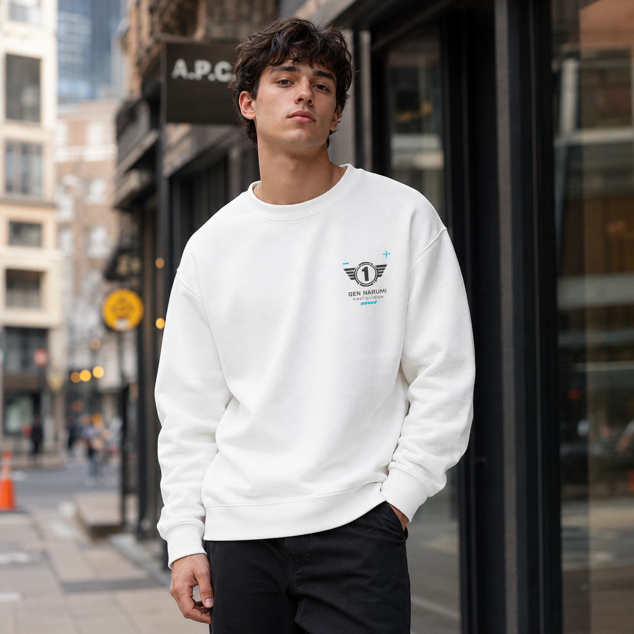 White sweatshirt with Gen Narumi Kaiju No. 8 Narumi First Division graphic – photo 4