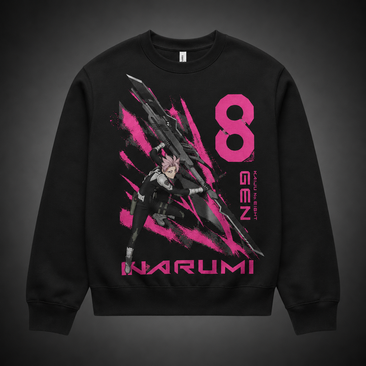 Black sweatshirt with Gen Narumi Kaiju No. 8 Narumi Gen Eight graphic – photo 2
