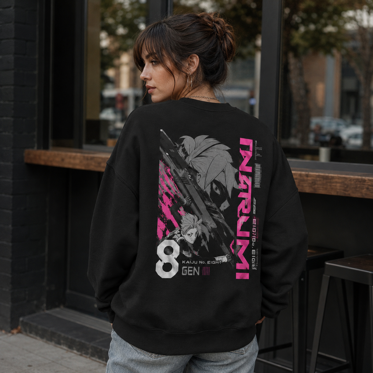 Black sweatshirt with Gen Narumi Kaiju No. 8 Narumi Gen Eight graphic – photo 3