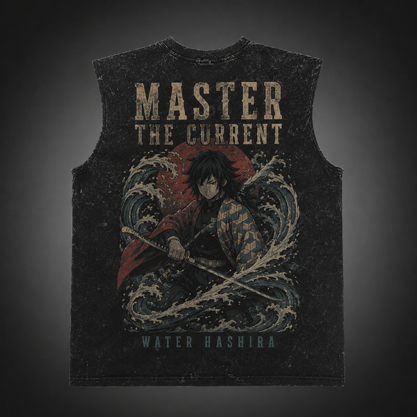 Washed black tank top with Giyu Tomioka Demon Slayer Master The Current graphic – photo 1