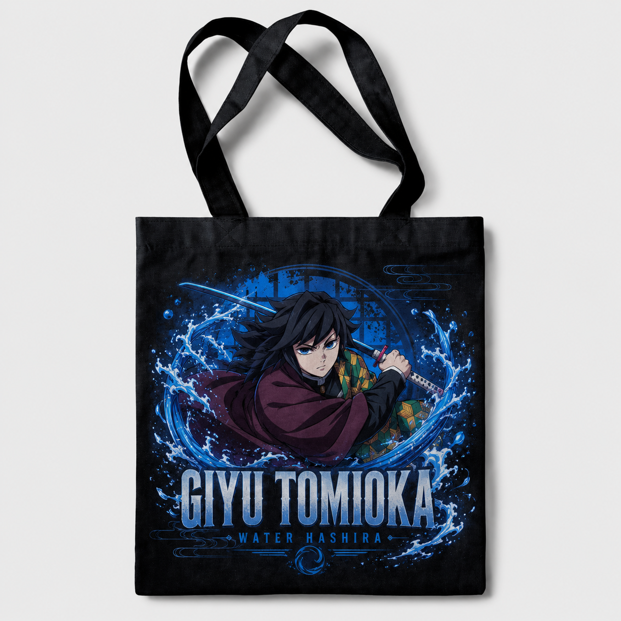 Black tote bag with Giyu Tomioka Demon Slayer Water Hashira Giyu graphic – photo 1
