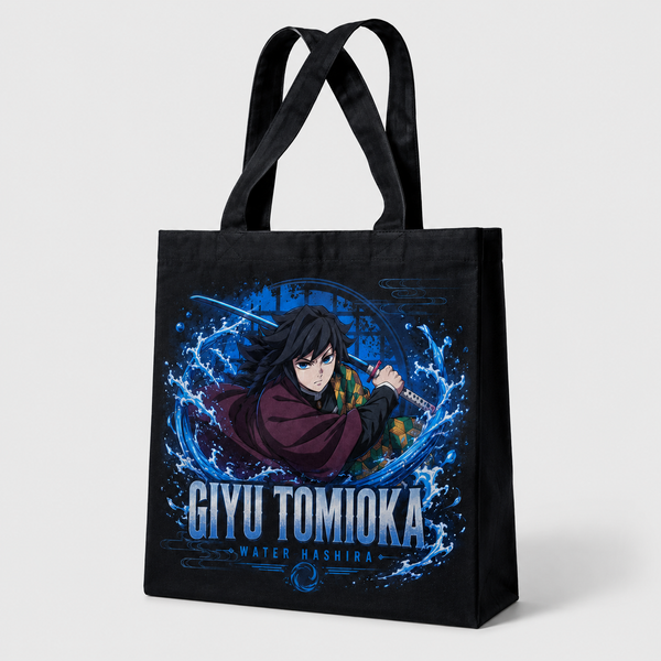 Black tote bag with Giyu Tomioka Demon Slayer Water Hashira Giyu graphic – photo 2