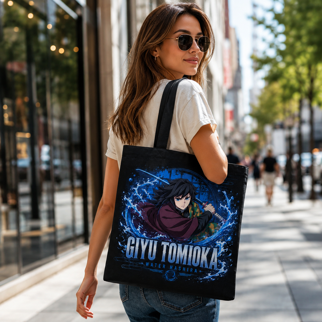 Black tote bag with Giyu Tomioka Demon Slayer Water Hashira Giyu graphic – photo 3
