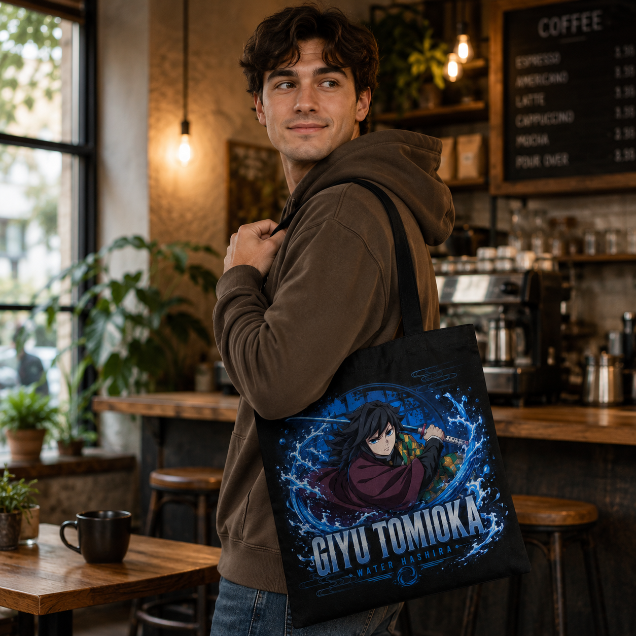 Black tote bag with Giyu Tomioka Demon Slayer Water Hashira Giyu graphic – photo 4