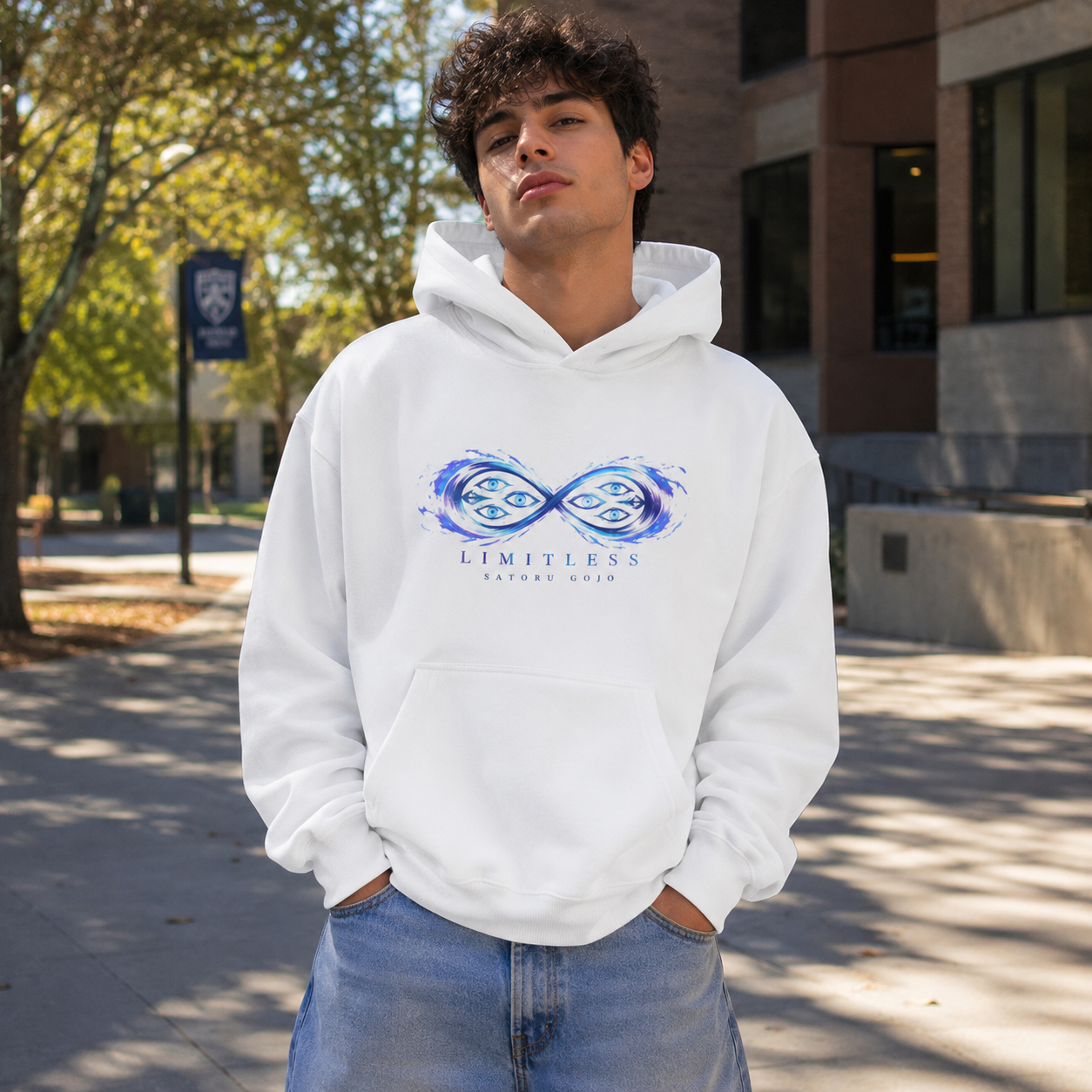 White hoodie with Gojo Satoru Jujutsu Kaisen Limitless Infinity graphic – photo 4