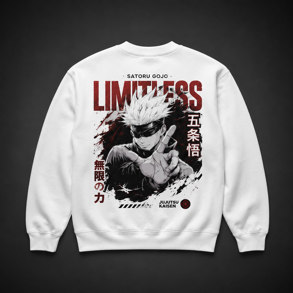 White sweatshirt with Gojo Satoru Jujutsu Kaisen Limitless Power graphic – photo 1
