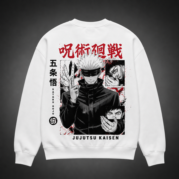White sweatshirt with Gojo Satoru Jujutsu Kaisen Satoru Gojo Panels graphic – photo 1