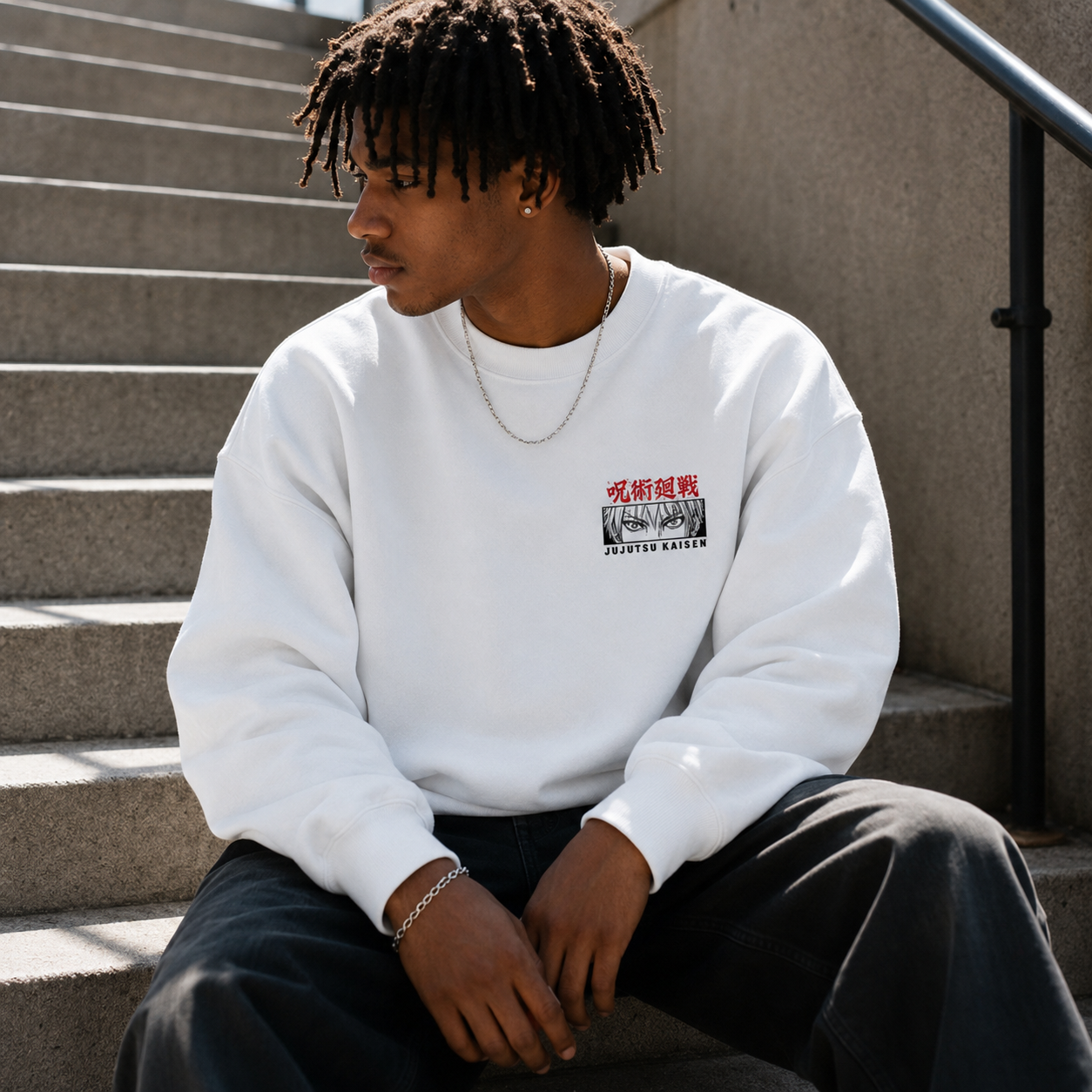 White sweatshirt with Gojo Satoru Jujutsu Kaisen Satoru Gojo Panels graphic – photo 4