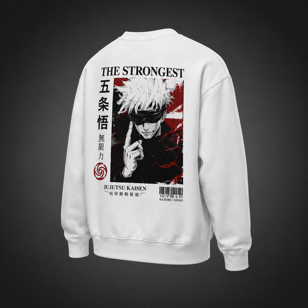 White sweatshirt with Gojo Satoru Jujutsu Kaisen The Strongest graphic – photo 1