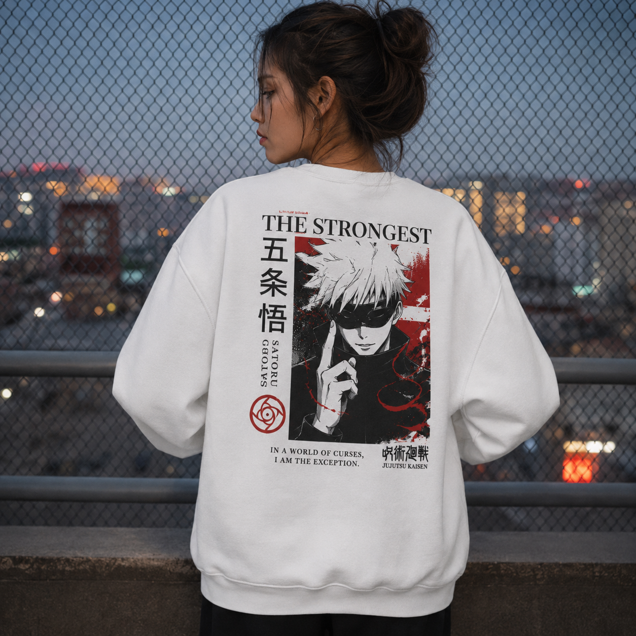 White sweatshirt with Gojo Satoru Jujutsu Kaisen The Strongest graphic – photo 3