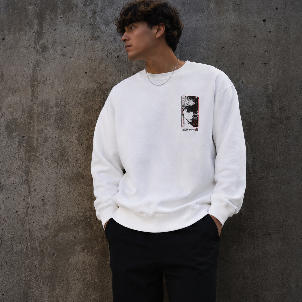White sweatshirt with Gojo Satoru Jujutsu Kaisen The Strongest graphic – photo 4